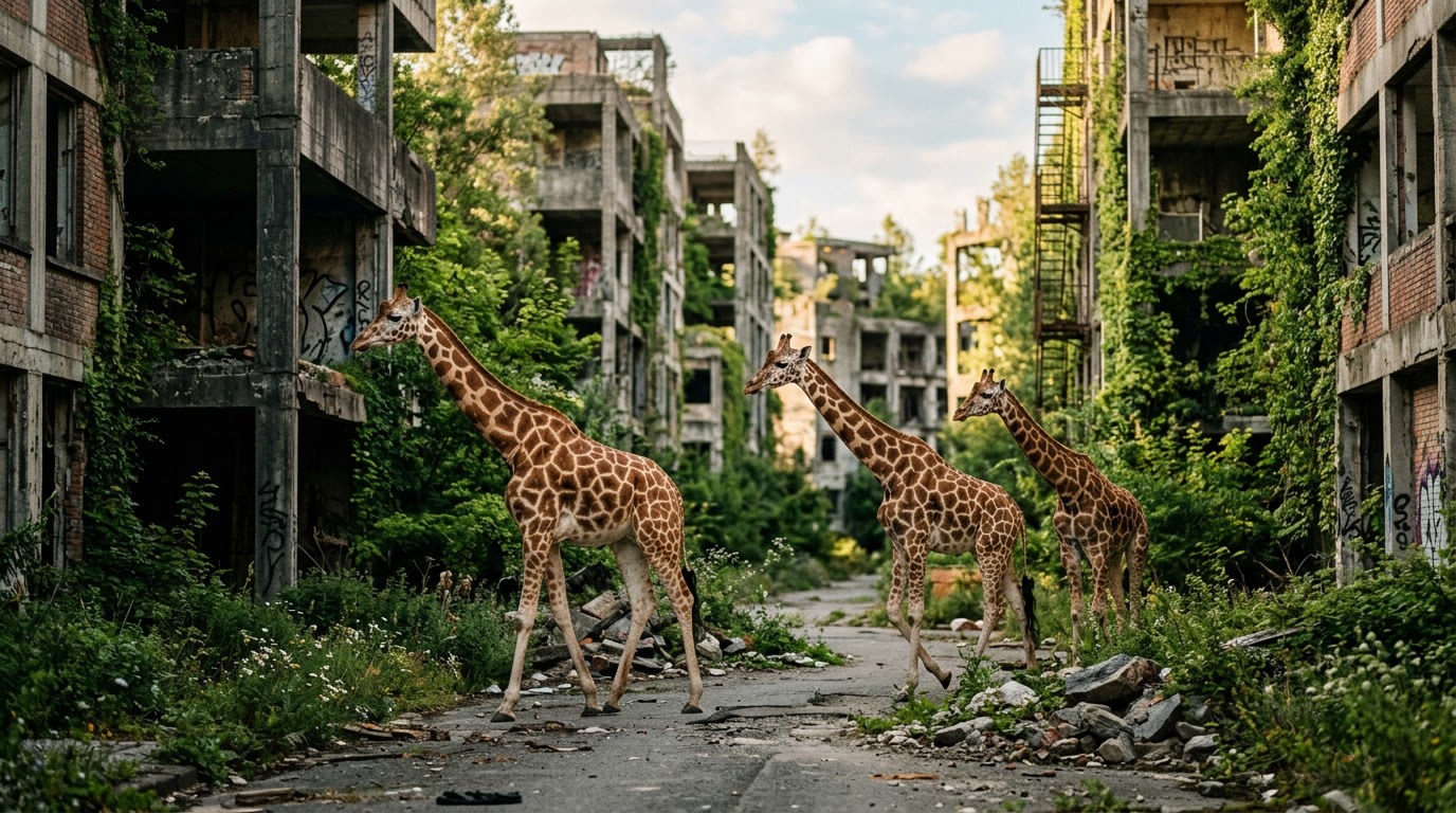 Giraffes walking through ruined buildings overgrown with vegetation in spring