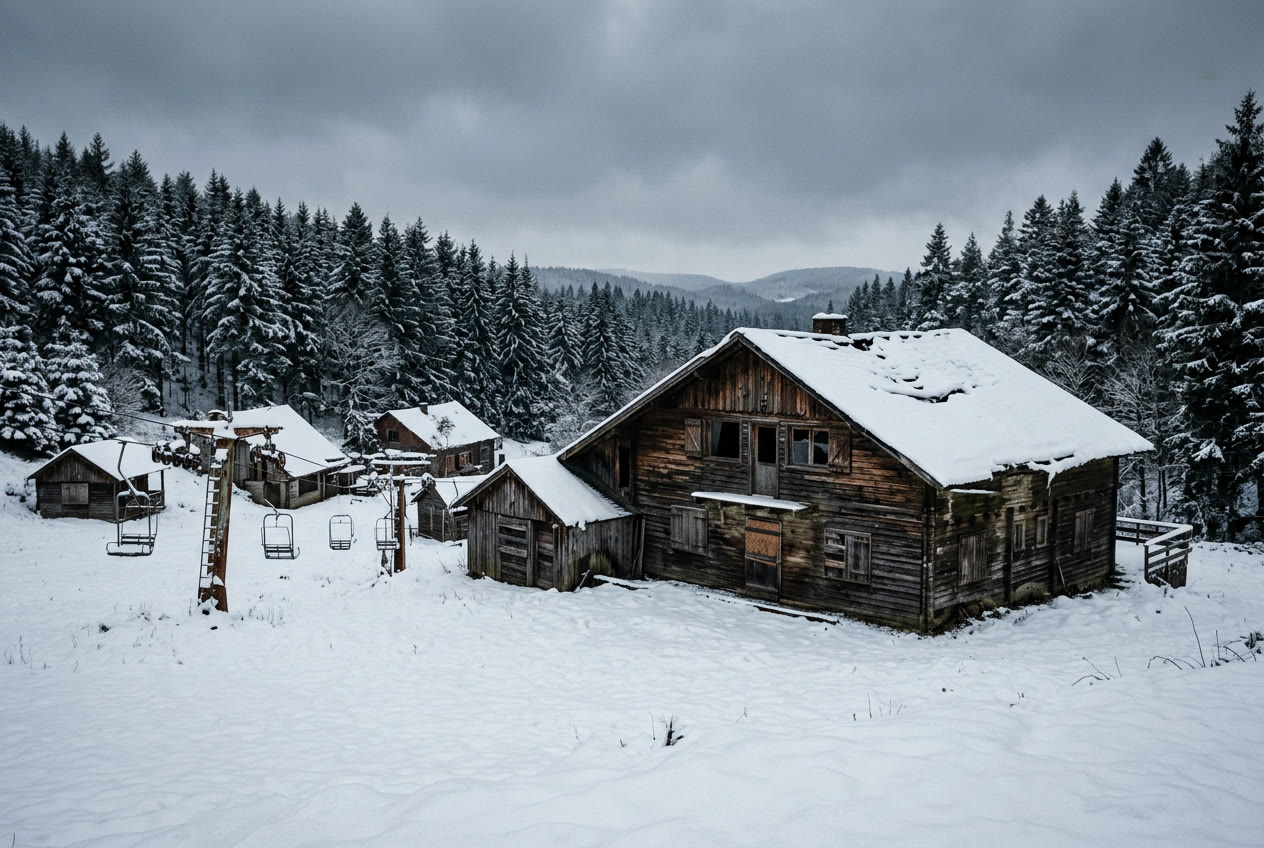 Abandoned mountain resort under snow, wooden chalets and pine forest