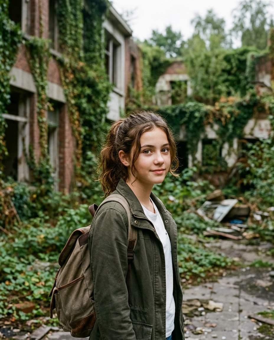Original illustrated portrait evoking Ellie, a survivor in a world reclaimed by nature