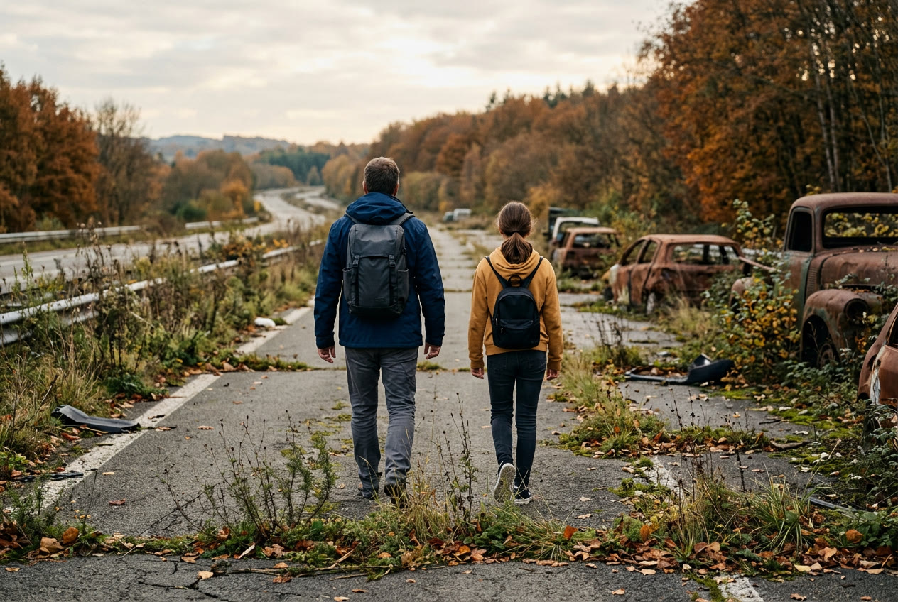 A man and a teenage girl seen from behind, walking down an abandoned highway lined with rusty cars in autumn